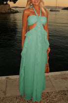 Crisia | Slate Blue - A - Line Halter Chiffon Ruffled Long Prom Dresses With Cut Out - KissProm