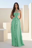 Crisia | Slate Blue - A - Line Halter Chiffon Ruffled Long Prom Dresses With Cut Out - KissProm