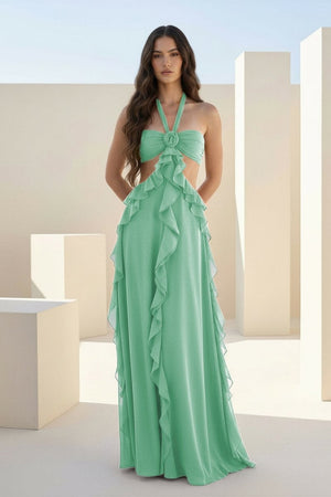 Crisia | Slate Blue - A - Line Halter Chiffon Ruffled Long Prom Dresses With Cut Out - KissProm
