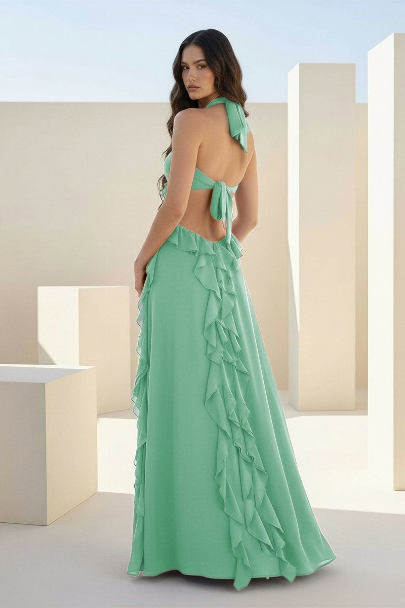 Crisia | Slate Blue - A - Line Halter Chiffon Ruffled Long Prom Dresses With Cut Out - KissProm