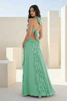 Crisia | Slate Blue - A - Line Halter Chiffon Ruffled Long Prom Dresses With Cut Out - KissProm