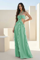 Crisia | Slate Blue - A - Line Halter Chiffon Ruffled Long Prom Dresses With Cut Out - KissProm
