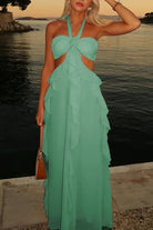 Crisia | Slate Blue - A - Line Halter Chiffon Ruffled Long Prom Dresses With Cut Out - KissProm