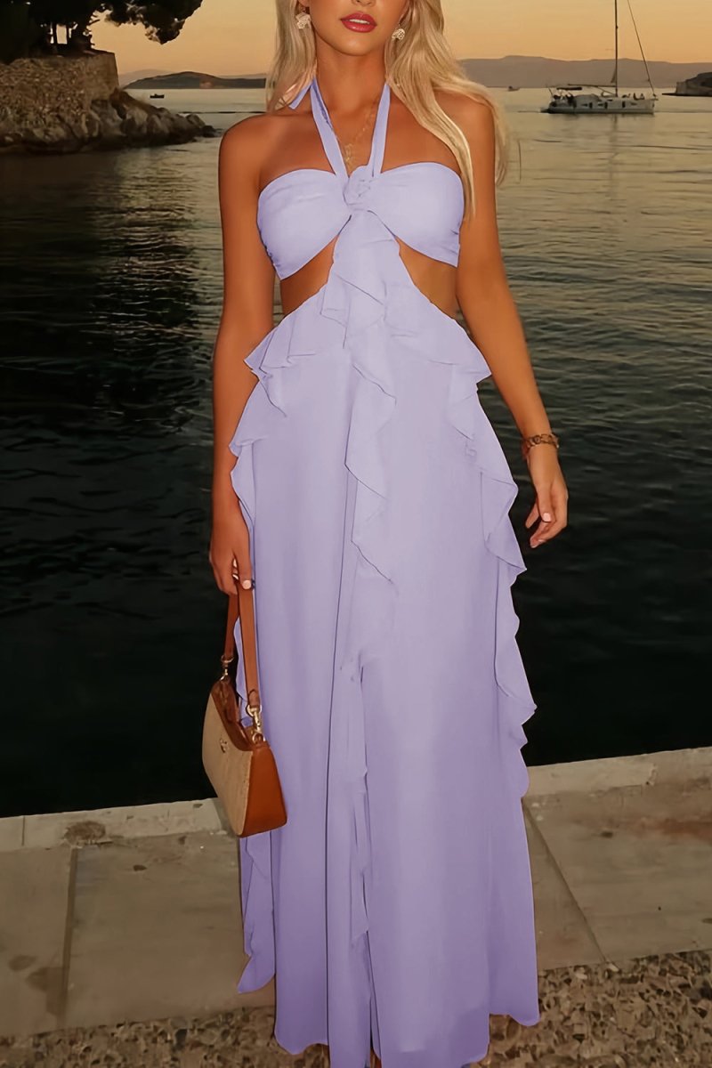 Crisia | Slate Blue - A - Line Halter Chiffon Ruffled Long Prom Dresses With Cut Out - KissProm