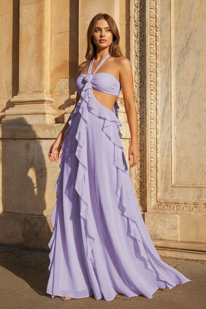 Pink A - Line Halter Chiffon Ruffled Long Prom Dresses With Cut Out - KissProm