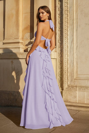 Pink A - Line Halter Chiffon Ruffled Long Prom Dresses With Cut Out - KissProm