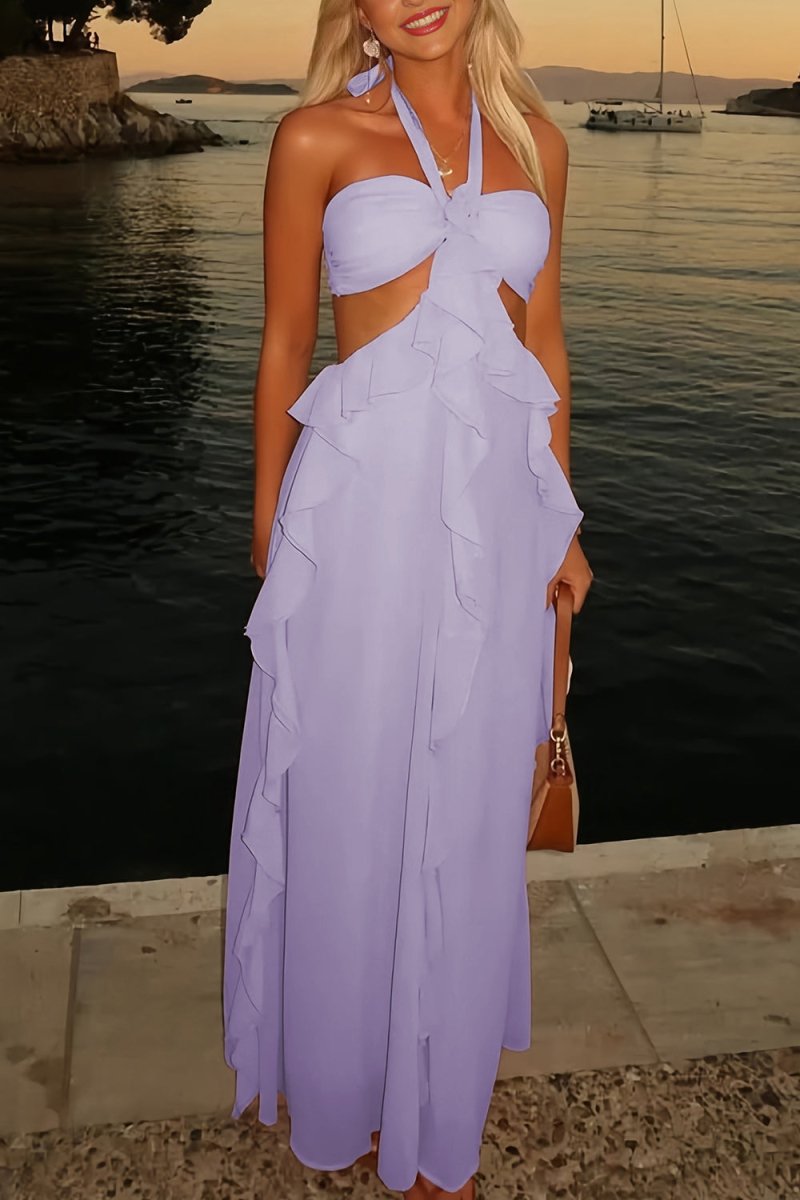 Crisia | Slate Blue - A - Line Halter Chiffon Ruffled Long Prom Dresses With Cut Out - KissProm