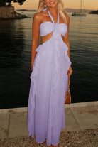 Crisia | Slate Blue - A - Line Halter Chiffon Ruffled Long Prom Dresses With Cut Out - KissProm