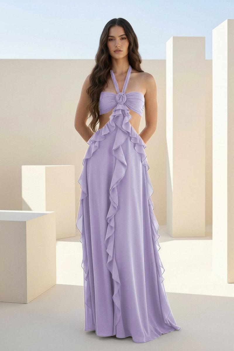 Crisia | Slate Blue - A - Line Halter Chiffon Ruffled Long Prom Dresses With Cut Out - KissProm