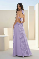 Crisia | Slate Blue - A - Line Halter Chiffon Ruffled Long Prom Dresses With Cut Out - KissProm