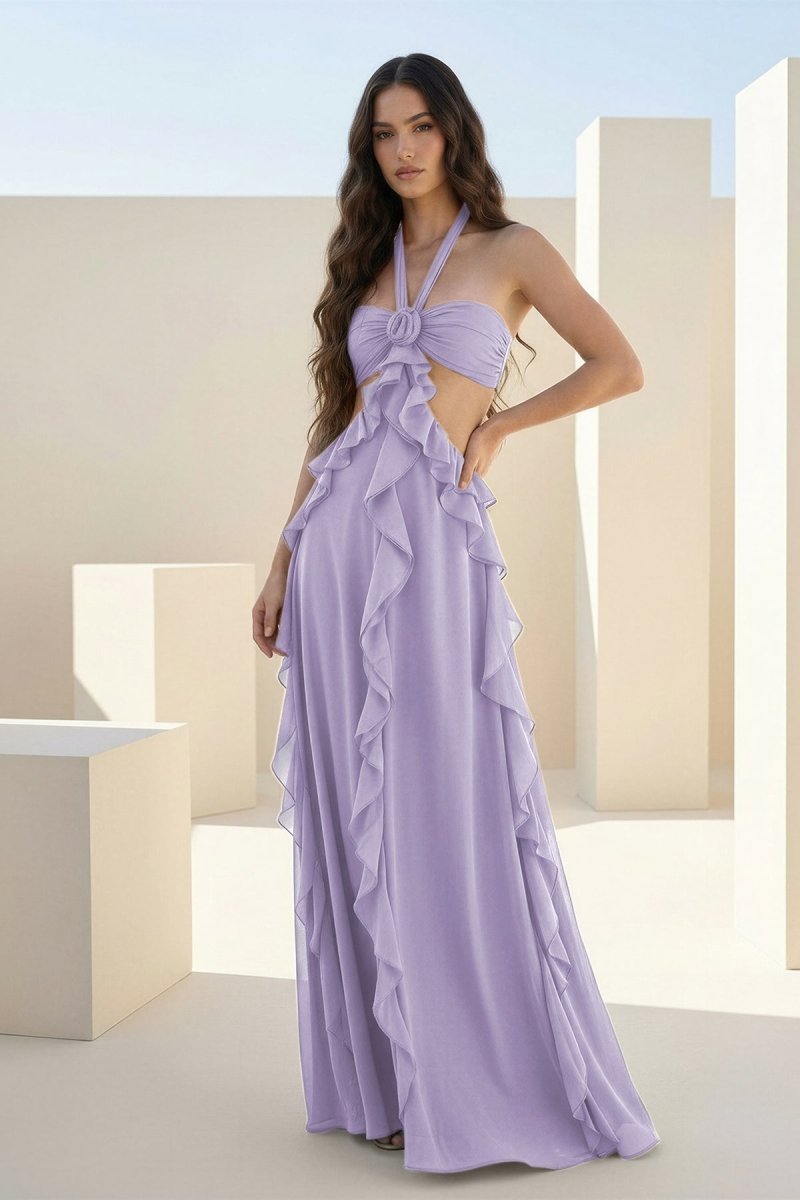 Crisia | Slate Blue - A - Line Halter Chiffon Ruffled Long Prom Dresses With Cut Out - KissProm