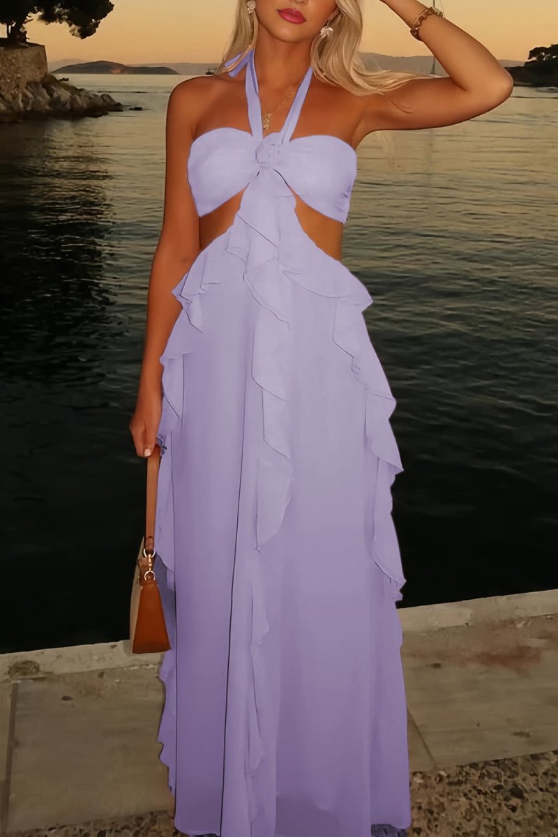 Crisia | Slate Blue - A - Line Halter Chiffon Ruffled Long Prom Dresses With Cut Out - KissProm