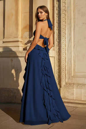 Pink A - Line Halter Chiffon Ruffled Long Prom Dresses With Cut Out - KissProm