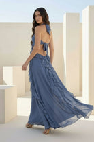 Crisia | Slate Blue - A - Line Halter Chiffon Ruffled Long Prom Dresses With Cut Out - KissProm