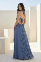 Crisia | Slate Blue - A - Line Halter Chiffon Ruffled Long Prom Dresses With Cut Out - KissProm