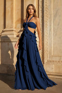 Pink A - Line Halter Chiffon Ruffled Long Prom Dresses With Cut Out - KissProm