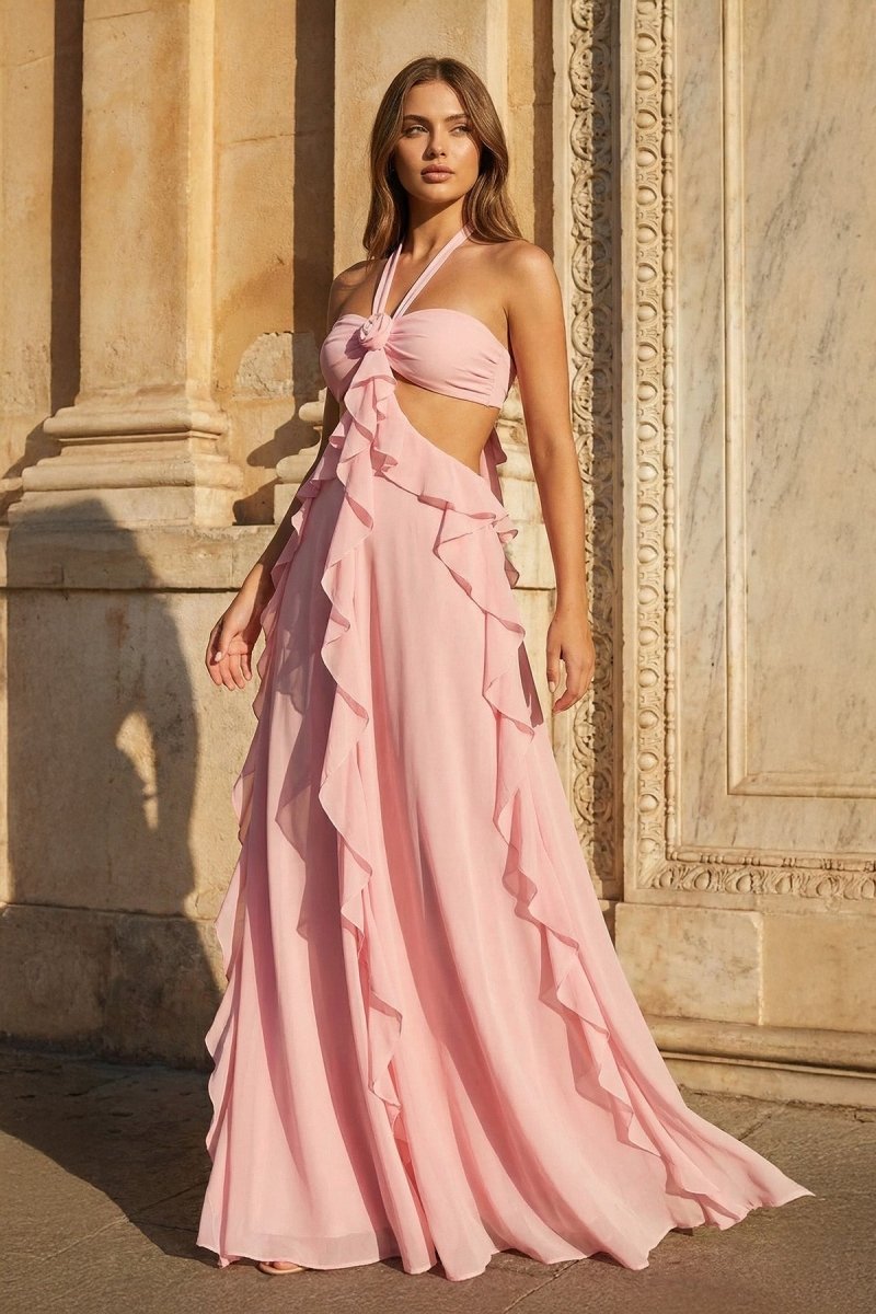 Pink A - Line Halter Chiffon Ruffled Long Prom Dresses With Cut Out - KissProm