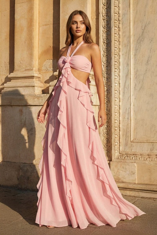 Pink A - Line Halter Chiffon Ruffled Long Prom Dresses With Cut Out - KissProm