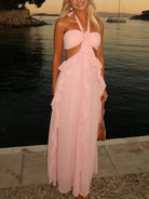 KissProm-Crisia Pink A - Line Halter Chiffon Ruffled Long Prom Dresses With Cut Out