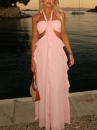 KissProm-Crisia Pink A - Line Halter Chiffon Ruffled Long Prom Dresses With Cut Out