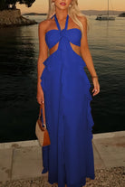 Crisia | Slate Blue - A - Line Halter Chiffon Ruffled Long Prom Dresses With Cut Out - KissProm