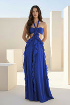 Crisia | Slate Blue - A - Line Halter Chiffon Ruffled Long Prom Dresses With Cut Out - KissProm