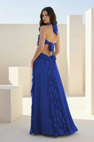 Crisia | Slate Blue - A - Line Halter Chiffon Ruffled Long Prom Dresses With Cut Out - KissProm