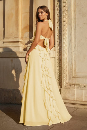 Pink A - Line Halter Chiffon Ruffled Long Prom Dresses With Cut Out - KissProm