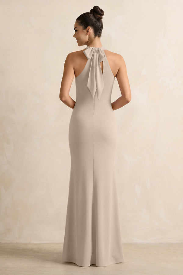 Crisscross Halter Sheath Chiffon Bridesmaid Dress with Bow in Almond - KissProm BRIDESMAID DRESSES