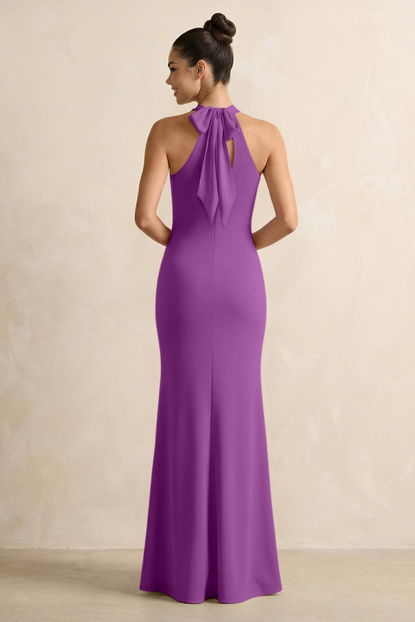 Crisscross Halter Sheath Chiffon Bridesmaid Dress with Bow in Amethyst - KissProm BRIDESMAID DRESSES