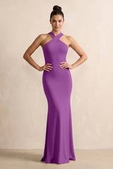 Crisscross Halter Sheath Chiffon Bridesmaid Dress with Bow in Amethyst - KissProm BRIDESMAID DRESSES