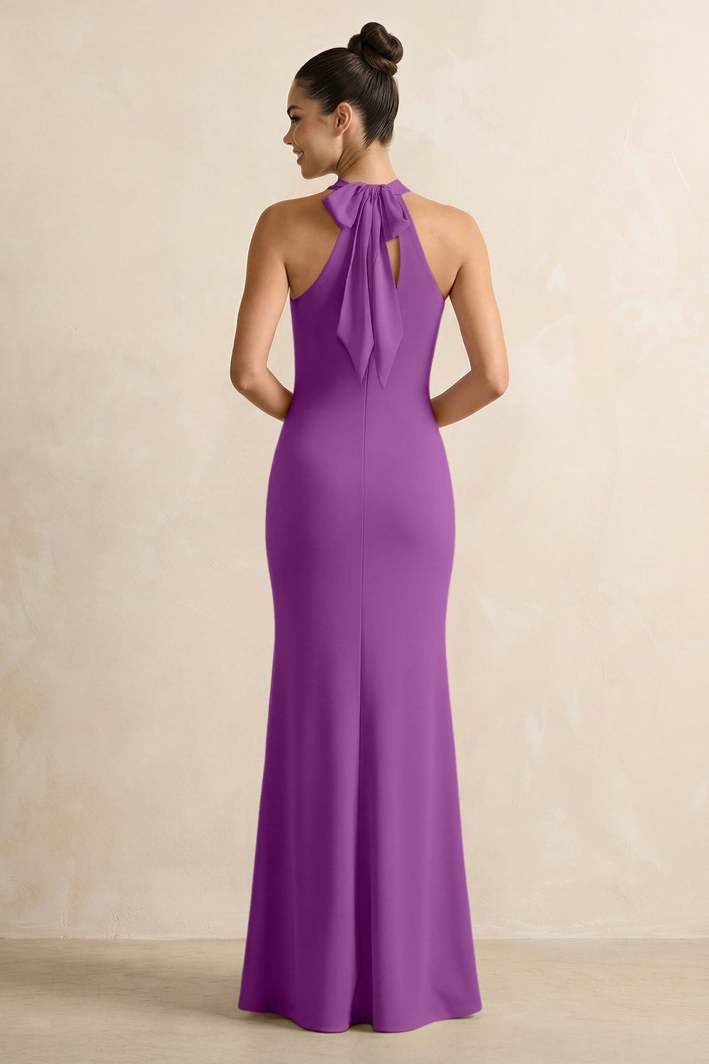 Crisscross Halter Sheath Chiffon Bridesmaid Dress with Bow in Amethyst - KissProm BRIDESMAID DRESSES