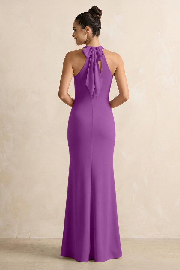 Crisscross Halter Sheath Chiffon Bridesmaid Dress with Bow in Amethyst - KissProm BRIDESMAID DRESSES