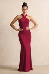 Crisscross Halter Sheath Chiffon Bridesmaid Dress with Bow in Berry - KissProm BRIDESMAID DRESSES