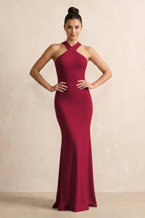 Crisscross Halter Sheath Chiffon Bridesmaid Dress with Bow in Berry - KissProm BRIDESMAID DRESSES