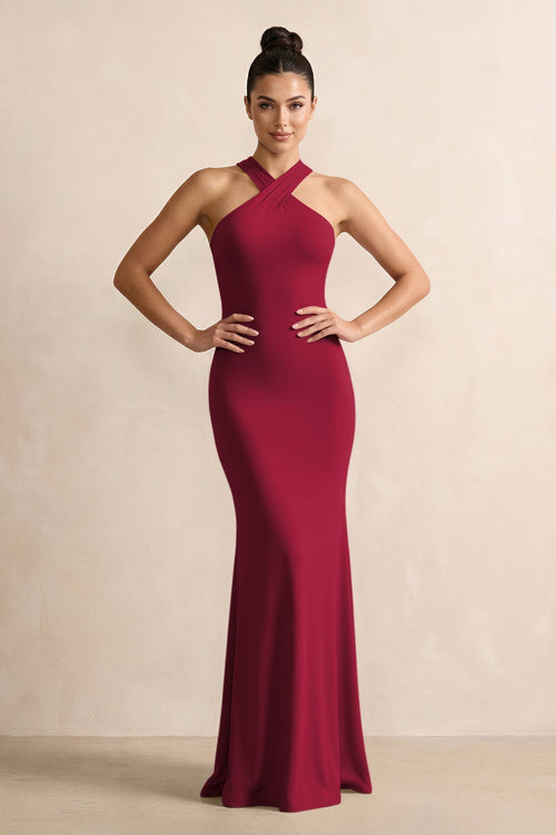 Crisscross Halter Sheath Chiffon Bridesmaid Dress with Bow in Berry - KissProm BRIDESMAID DRESSES