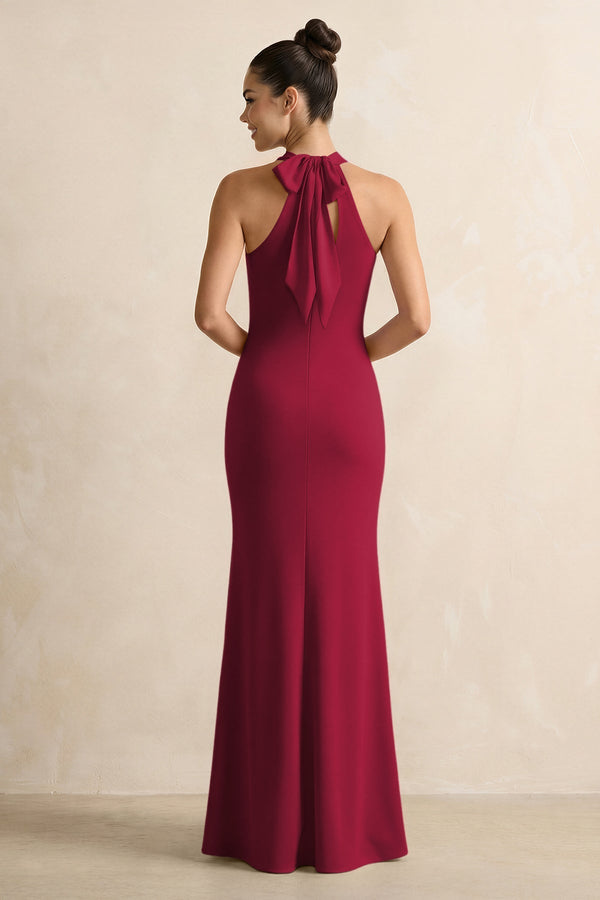 Crisscross Halter Sheath Chiffon Bridesmaid Dress with Bow in Berry - KissProm BRIDESMAID DRESSES