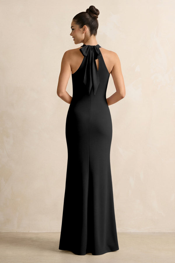 Crisscross Halter Sheath Chiffon Bridesmaid Dress with Bow in Black - KissProm BRIDESMAID DRESSES