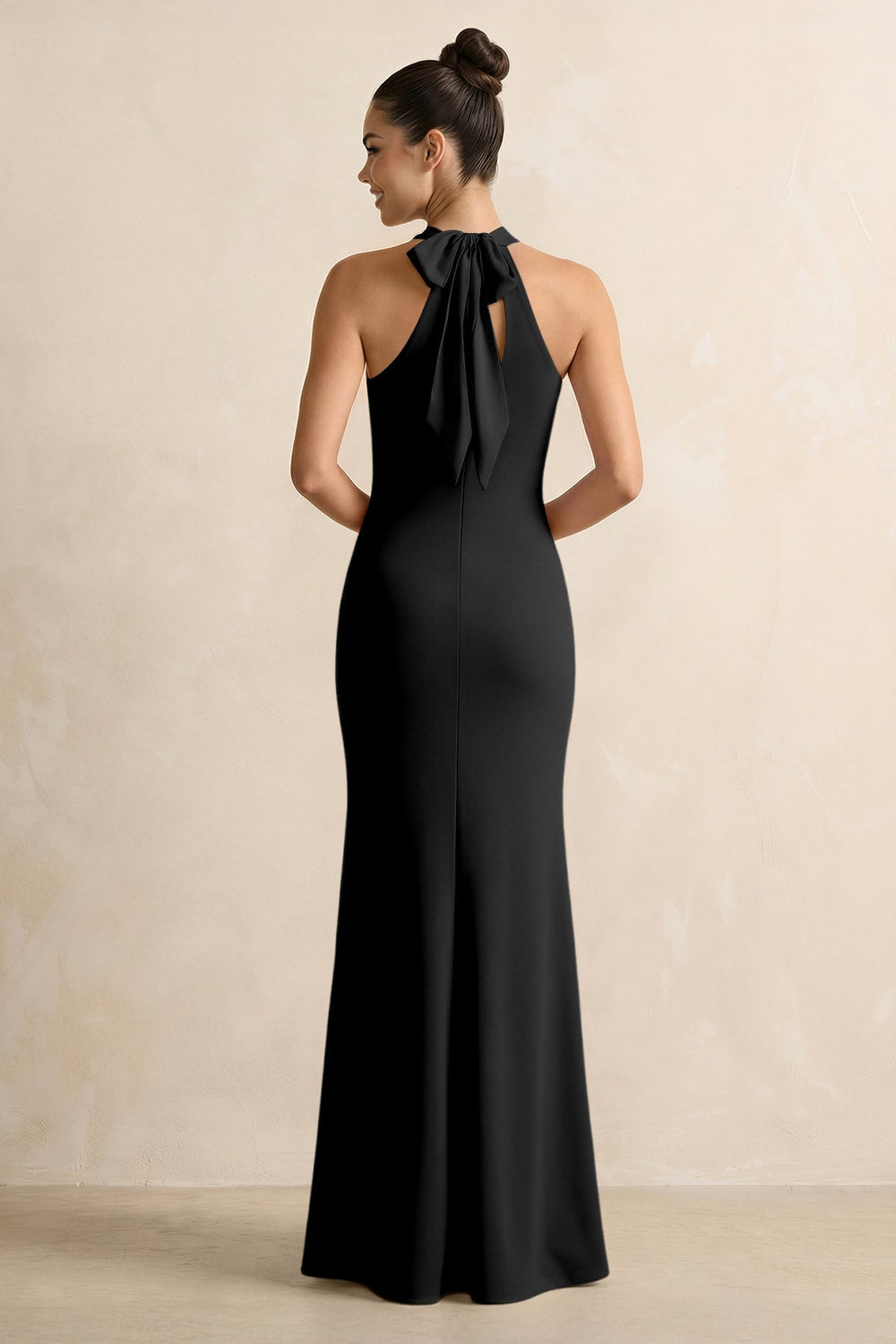 Crisscross Halter Sheath Chiffon Bridesmaid Dress with Bow in Black - KissProm BRIDESMAID DRESSES