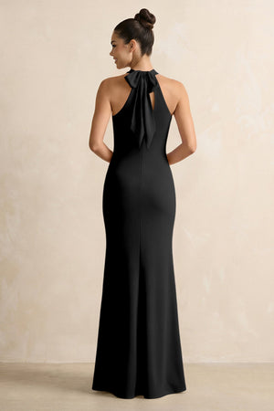 Crisscross Halter Sheath Chiffon Bridesmaid Dress with Bow in Black - KissProm BRIDESMAID DRESSES