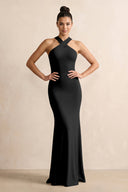 Crisscross Halter Sheath Chiffon Bridesmaid Dress with Bow in Black - KissProm BRIDESMAID DRESSES