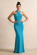 Crisscross Halter Sheath Chiffon Bridesmaid Dress with Bow in Blue Jay - KissProm BRIDESMAID DRESSES