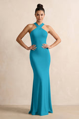 Crisscross Halter Sheath Chiffon Bridesmaid Dress with Bow in Blue Jay - KissProm BRIDESMAID DRESSES