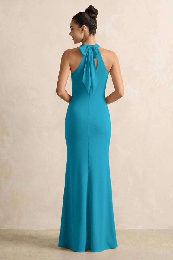 Crisscross Halter Sheath Chiffon Bridesmaid Dress with Bow in Blue Jay - KissProm BRIDESMAID DRESSES