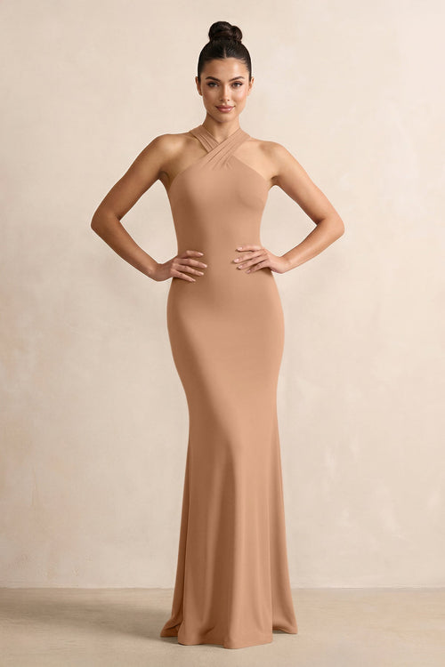 Crisscross Halter Sheath Chiffon Bridesmaid Dress with Bow in Bronzer - KissProm BRIDESMAID DRESSES