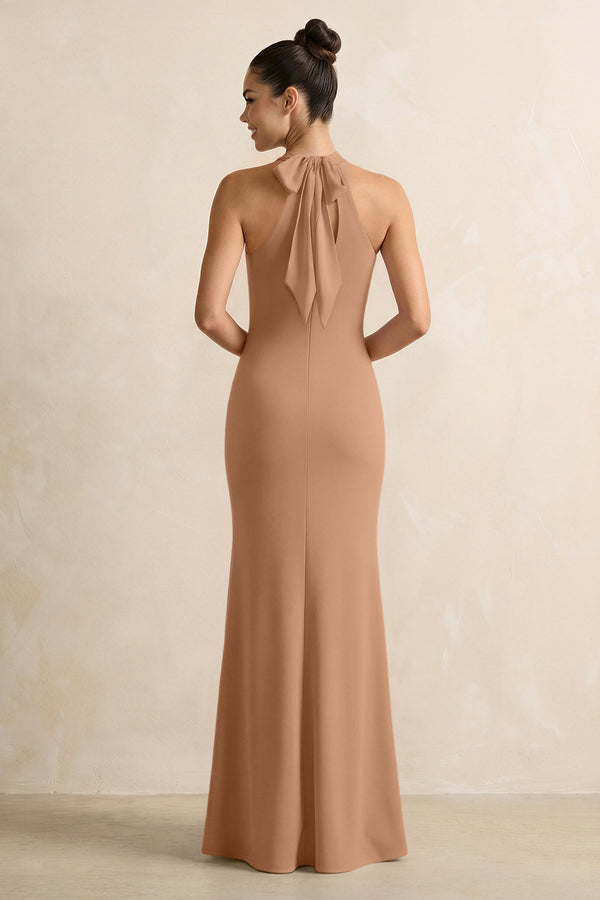 Crisscross Halter Sheath Chiffon Bridesmaid Dress with Bow in Bronzer - KissProm BRIDESMAID DRESSES