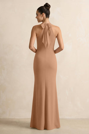 Crisscross Halter Sheath Chiffon Bridesmaid Dress with Bow in Bronzer - KissProm BRIDESMAID DRESSES