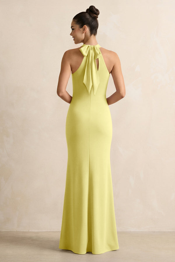 Crisscross Halter Sheath Chiffon Bridesmaid Dress with Bow in Buttercup - KissProm BRIDESMAID DRESSES
