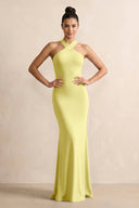 Crisscross Halter Sheath Chiffon Bridesmaid Dress with Bow in Buttercup - KissProm BRIDESMAID DRESSES