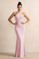 Crisscross Halter Sheath Chiffon Bridesmaid Dress with Bow in Candy Pink - KissProm BRIDESMAID DRESSES